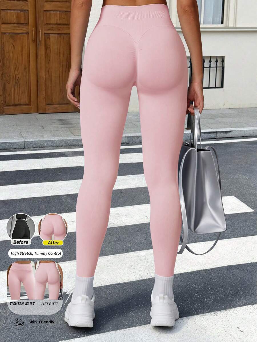 女款高腰無縫緊身褲，提臀塑形抓皺褲，腹部加壓百褶瑜伽褲，粉色運動款