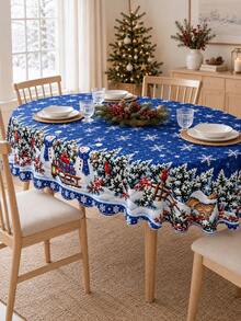 Christmas Tablecloth, Deep Blue Snowman Snow Village Snowflake Pine Tree Border Print, Winter Fairy Tale Style Rectangular Dining Tablecloth, Suitable For Restaurant Kitchen Christmas Party Holiday Home Decor - Multicolor - View 6