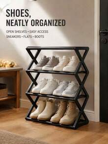 Neutral Four-Layer Multi-Functional Shoe Rack, In Black And White Color, With Plastic Frame And Metal Storage Layers. It Is Beautiful, Durable And Space-Saving. A Minimalist Style Shoe Rack, Suitable For Use In Family Entrance And Bedrooms. - Black Grey - View 10