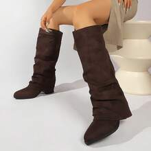 Vintage Suede Slouchy Over-The-Knee Boots For Women, Loose Shaft, Pointed Toe, Flared Mid-Heel, Wide Calf, Knight Boots, Autumn/Winter - Coffee Brown - View 6