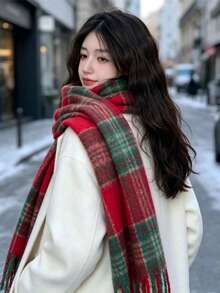 1pc Women's Winter Tassel Couple Scarf, Thick Warm Cold-Proof Multi-Functional French Plaid Scarf, Fashionable Atmosphere, Winter Christmas Gift, Birthday Gift - Multicolor - View 2