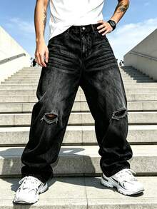 Men's Black Wide Leg Loose Fit Jeans, Distressed High Street Style Outdoor Casual Denim Pants, Gift Or Couple Style - Black - View 4