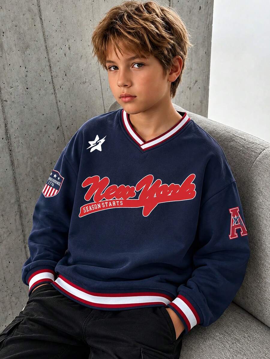 Tween Boy 1pc Contrast Color Print Crew Neck Sweatshirt, Unisex Kids Clothing, Matching Sister/Best Friend/Family Outfit, Long Sleeve Top For Young Students, Suitable For Autumn/Winter - Navy Blue - View 1