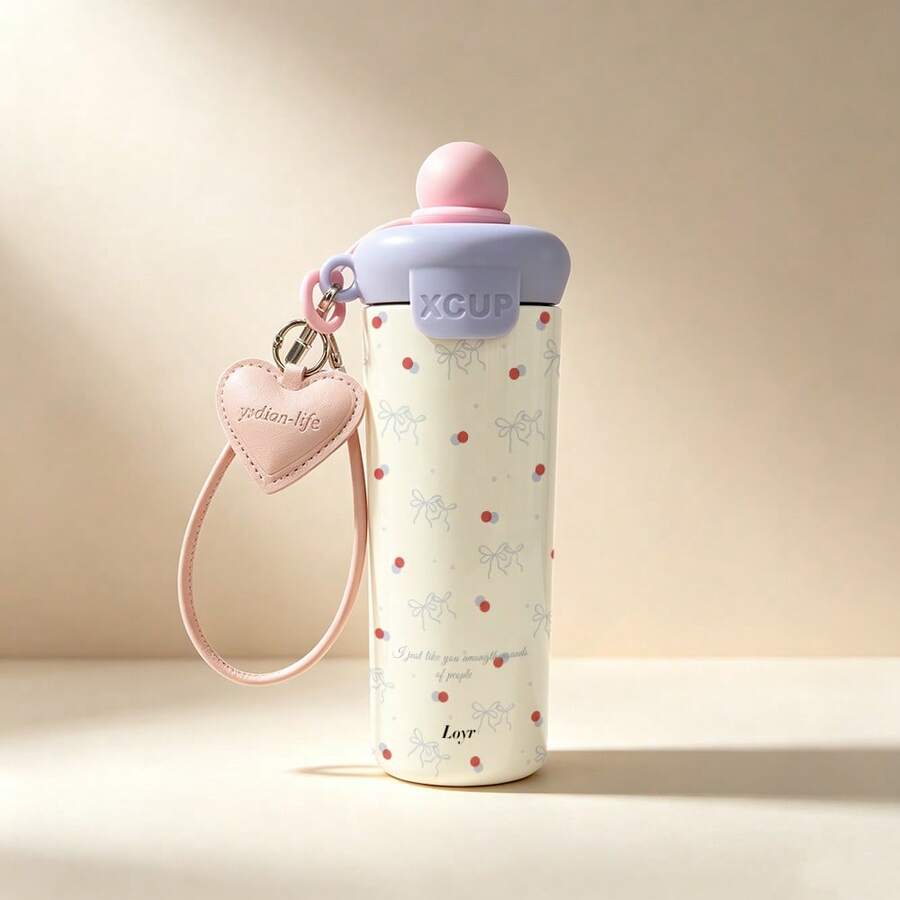 1PC 600ML Polka Dot Bow, Simple Flower, Creative Flower Pattern Stainless Steel , Dual-Use Coffee Cup, Portable Straw Cup, Lanyard , Suitable For Office, Campus, Holiday/Birthday Gift, Coffee, Milk, Tea - Multicolor - View 1