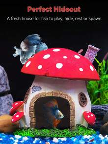 Aquarium Mushroom House, Resin Fish Tank Decoration Cottage Ornament For Fish Tank Landscape Aquarium Hideout Hideaway Spawning Cave Decor For Shrimp Betta Goldfish And Reptiles - B - View 3