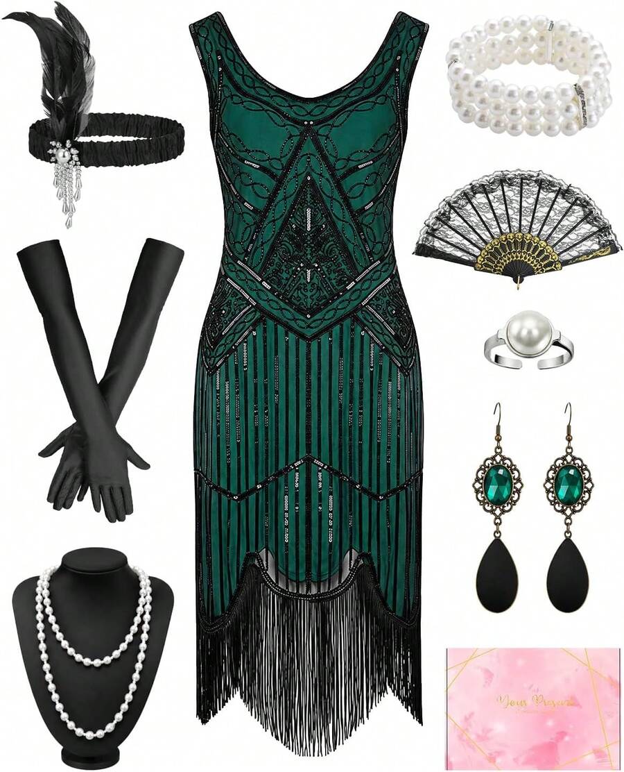Costume anni '20 da donna, abito stile Gatsby, abito con frange, vintage, elegante - XL - Visualizzare 1