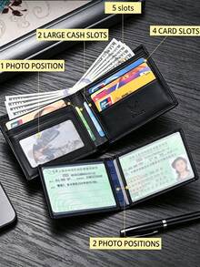 VINCESS Men's Genuine Leather Business Wallet, Casual Fashion Large Capacity Wallet, Anti-Theft Multi-Card Slot Card Holder, With Transparent Window Card Slot, Suitable For Daily Travel And Business Use, Perfect Gift For Men, Christmas Gift, Valentine's Day Gift - one-size - View 5