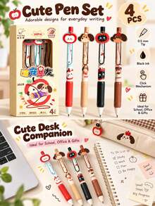 4pcs Cute Cartoon Animal Gel Pens, 0.5mm Black Ink Retractable Pens, Adorable Apple, Puppy & Cat Designs, Smooth Writing Pens For School, Office, Journaling, Stationery Gift Set - A - View 4