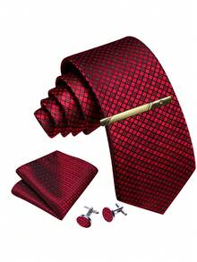 Men's Business Commute Tie 4-Piece Set, Burgundy Rhombus Geometric Pocket Square, Cufflinks, Gold Tie Clip, Formal Outfit Matching - Burgundy - View 1