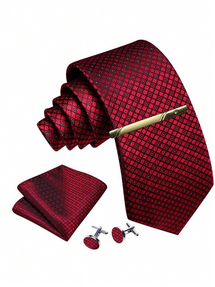 Men's Business Commute Tie 4-Piece Set, Burgundy Rhombus Geometric Pocket Square, Cufflinks, Gold Tie Clip, Formal Outfit Matching - Burgundy - View 1
