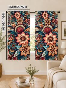 2pcs, Bohemian Mandala Floral Pattern Printed Curtains, Single-Sided Printing, Semi-Sheer - Rod Pocket Curtains, Bedroom Living Room Kitchen Decor, Multiple Sizes Available, Privacy Protection, Machine Washable, Fade-Resistant Curtains (Rod Not Included) - A - View 12