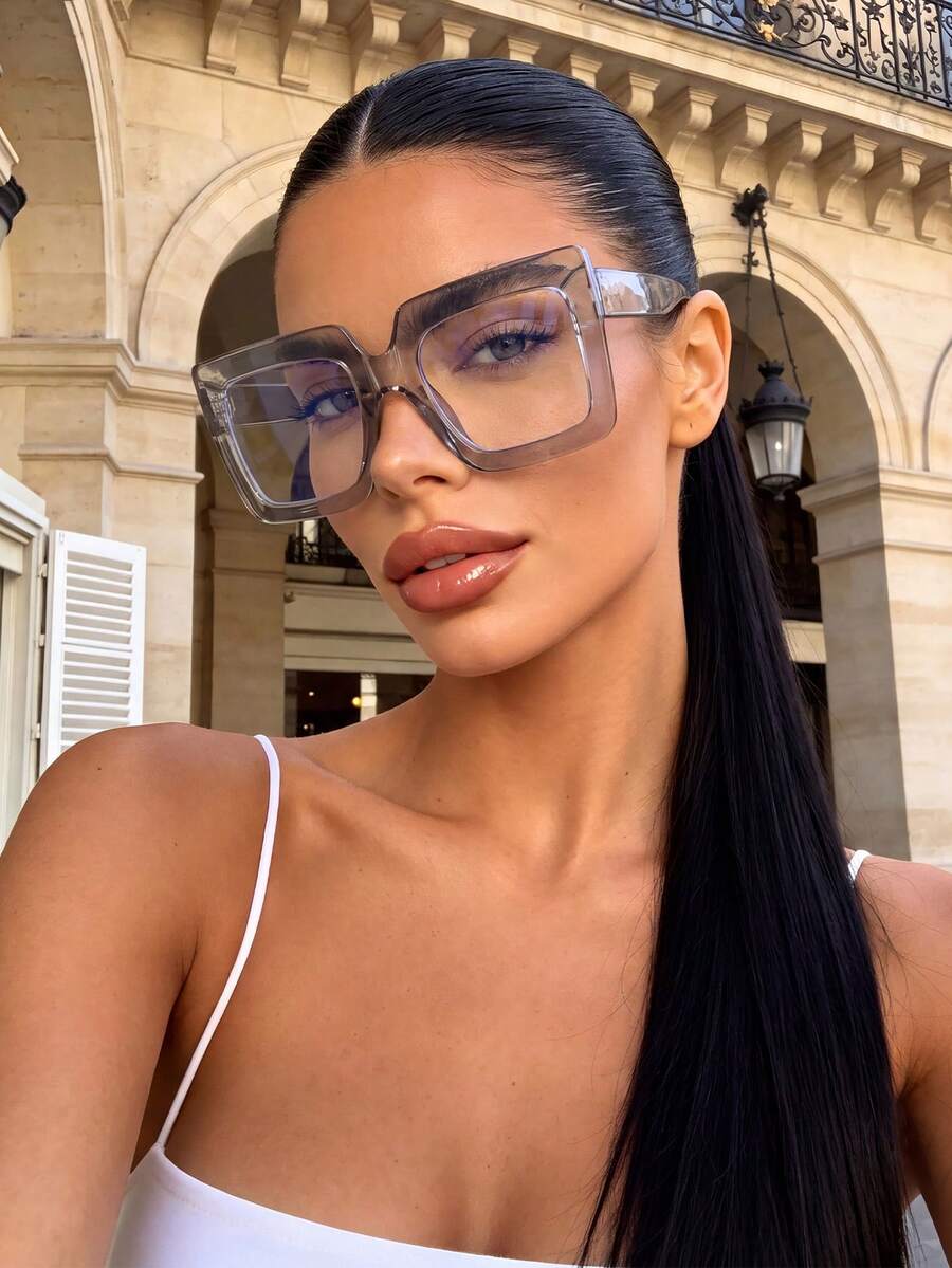 1 Pair Women's Square Large Frame Premium Fashion Non-Prescription Glasses, Suitable For Computer/Gaming/TV/Phone - Grey - View 1