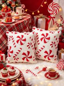 1pc / 2pcs Christmas Candy Cane Pillow Case, Red And White Peppermint Candy Pattern Cushion Cover, Sofa Pillow Case, Holiday Home Decor, Rustic Living Room Sofa Soft Furnishing, Pillow Insert Not Included - Red - View 2
