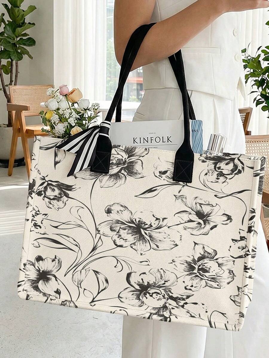 1pc Ink-Wash Colored Flowers Print Canvas Tote Bag, Open Top Large Capacity Reusable Portable Handbag For Shopping Work School Daily Travel - Multicolor - View 1