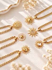 1pc Stainless Steel 18K Gold Plated Vintage Exaggerated Large Sun Hollow Threaded Face Design Necklace, Men's Elegant Minimalist Collarbone Chain - Yellow Gold - View 1