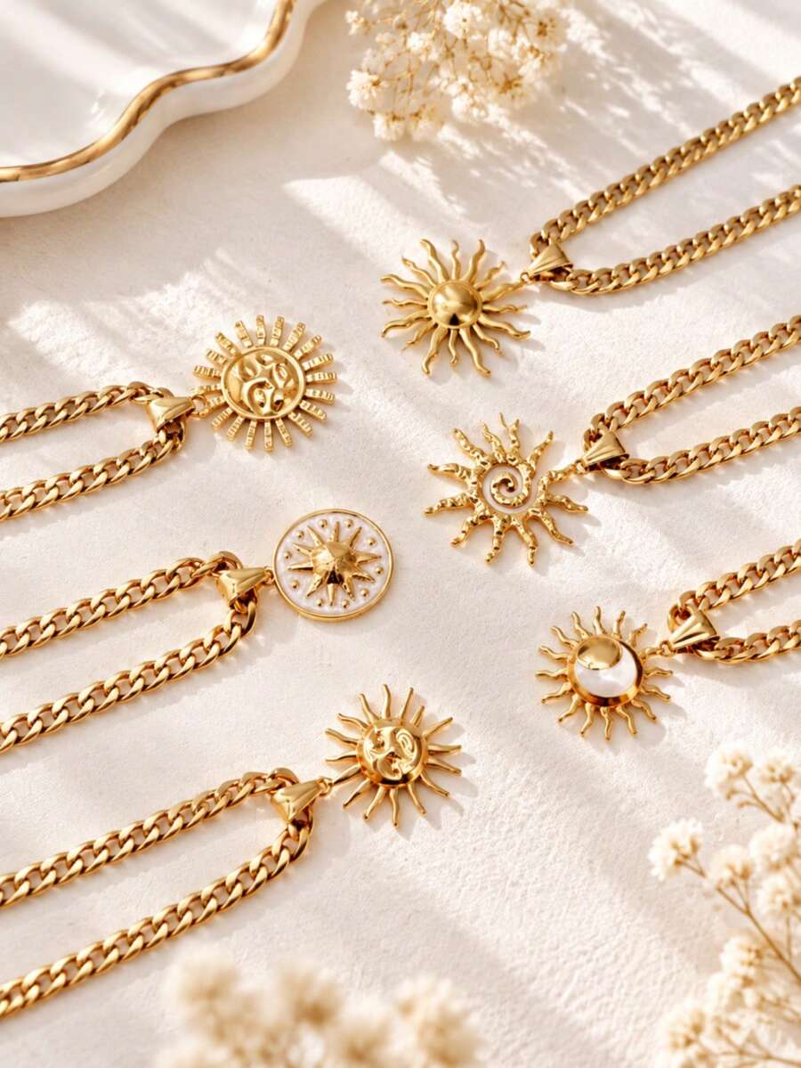 1pc Stainless Steel 18K Gold Plated Vintage Exaggerated Large Sun Hollow Threaded Face Design Necklace, Men's Elegant Minimalist Collarbone Chain - Yellow Gold - View 1