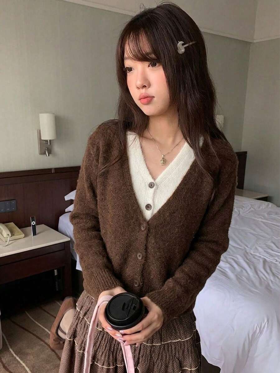 Autumn/Winter Color Block 2 In 1 V-Neck Casual Cardigan Knit Sweater - Coffee Brown - View 1