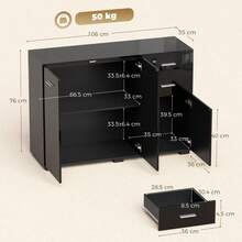 Sideboard, Modern Storage Cabinet With 2 Drawers, 3 And Adjustable Shelves, High Gloss Black - Black + Engineered Wood - View 2