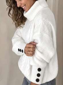 Women Solid Turtleneck Sweater Cozy Cable Knit Pullover Top Loose Fit Knitwear With Decorative Sleeve Buttons Fall Winter Fashion, - White - View 3