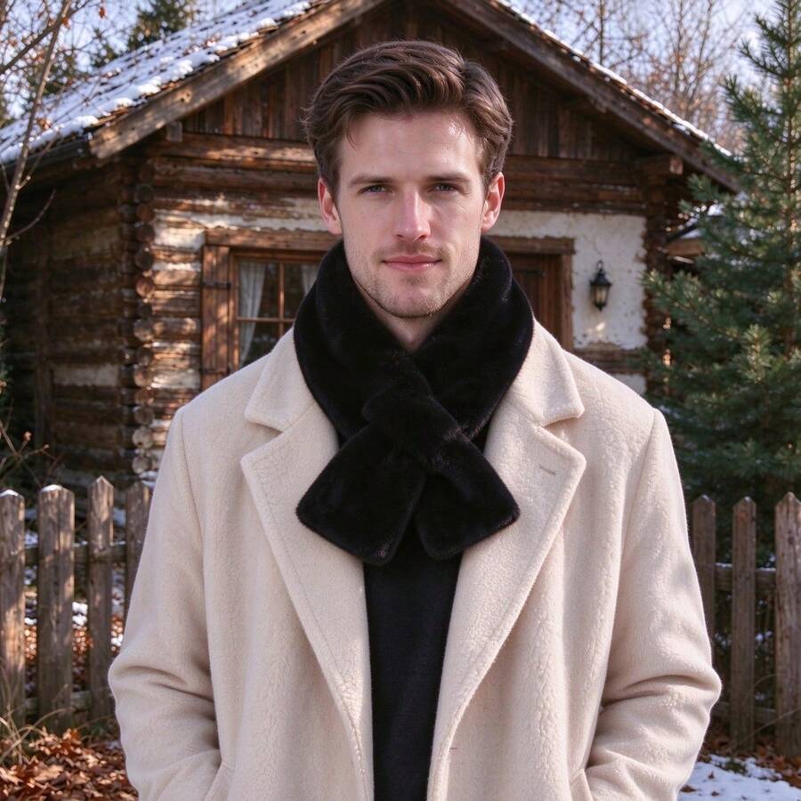 1pc Solid Color Casual Street Office Polyester (Polyester) Men's Faux Fur Scarf, Warm And Windproof For Autumn/Winter, Suitable For Outdoor, Shopping, Dating, Wedding, Gift, Party, Halloween, Christmas, Fashion Accessory - Black - View 1