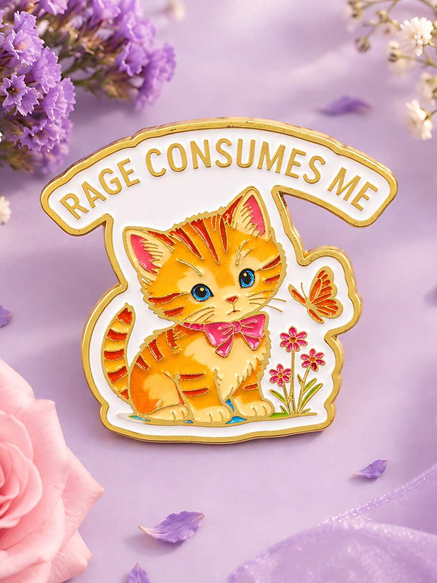 1 buah Bros Kucing Oranye Motif Bunga Kupu-kupu dengan Kutipan Bahasa Inggris dari Paduan Seng, Gaya Unik dan Lucu, Cocok untuk Dekorasi Ransel, Jaket, dan Aktivitas Sehari-hari Wanita, Hadiah - MultiWarna - View 1
