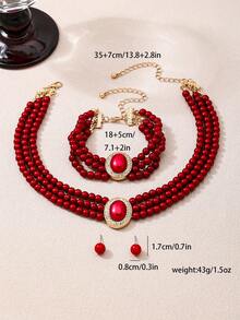 1 Set Women's Jewelry Set, Fashion Faux Pearl Beaded Multi-Layer Choker Necklace, Bracelet, Earrings Set, Suitable For Gifts Or Party Wear - Pink - View 11