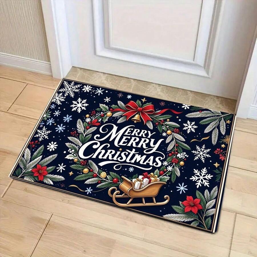 1pc New Christmas Best Seller - Daily Decoration - Holiday Decoration - Christmas - Christmas Wreath & Sleigh Print Rug, Suitable For Living Room, Bedroom, Indoor - Machine Washable - Flannel Material, Soft Texture, Skin-Friendly, No Pilling, Easy Care, Odorless - Perfect For Home Decor, Room Decor, Living Room Rug, Bedroom Rug, Bathroom Rug, Kitchen Rug, Area Rug, Hotel Decor - Area Rug, All Season - Multicolor - View 1