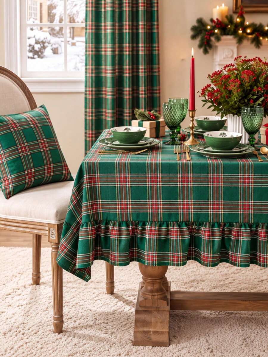 羅馬風聖誕格紋荷葉邊長方形桌巾，綠色塔坦格紋聖誕桌巾，聖誕節快樂假期桌飾，農舍風聖誕裝飾，冬季假期派對，聖誕晚餐，節日居家裝飾 - 聖誕綠色格紋 - 查看 1