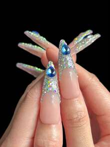 10pcs Extra Long Stiletto Handmade Press-On Nails, Sparkling Rhinestone Nails, Nude Base, 3D Rhinestone Decoration Acrylic False Nails, Suitable For Girls And Women's Daily, Holiday, Party Nail Decoration, Includes Tool Kit, Autumn/Winter Nails - Multicolor - View 5