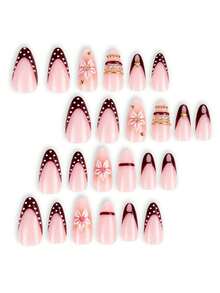 Change Your Nail Style 24片/組 中長杏仁形 秋冬復古棕色波點法式 3D 粉色花朵水鑽金珠甜酷風 全包覆式穿戴假指甲 金色裝飾，含1片果凍膠與1片指甲锉，讓妳更甜美可愛，適合女性與女孩派對、約會、婚禮及日常配戴 - 彩色 - 查看 2