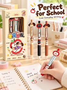 4pcs Cute Cartoon Animal Gel Pens, 0.5mm Black Ink Retractable Pens, Adorable Apple, Puppy & Cat Designs, Smooth Writing Pens For School, Office, Journaling, Stationery Gift Set - A - View 3