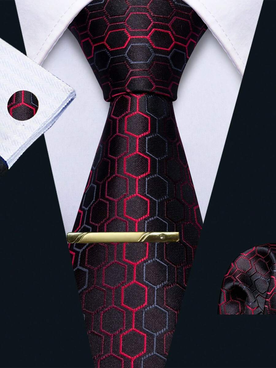 4-Piece Men's Wedding Banquet Tie Set, Black With Red And Blue Hexagon Pattern, Includes Pocket Square, Cufflinks, Gold Tie Clip, Suit Accessory - Multicolor - View 1