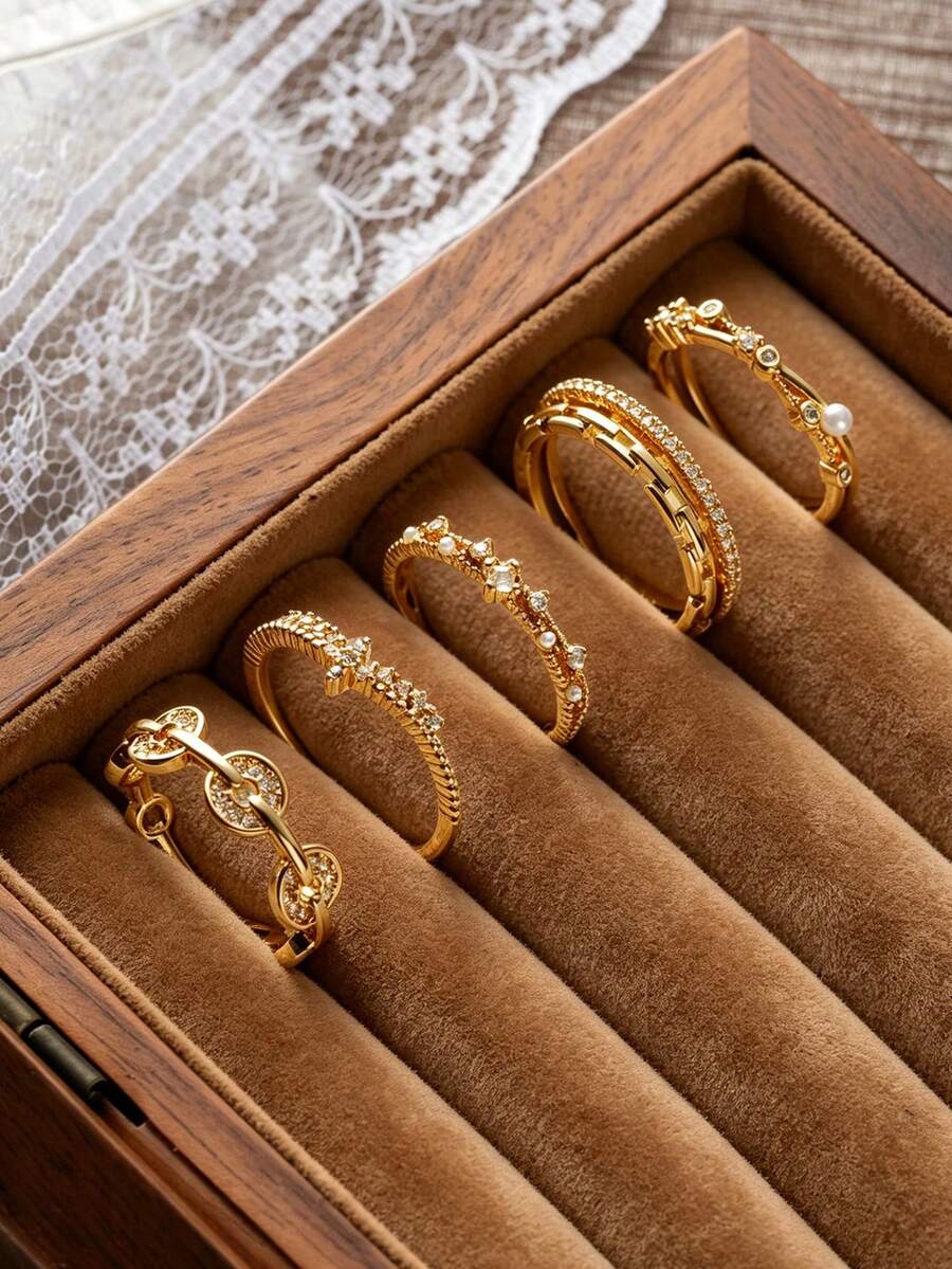 5pcs Gold Copper Material High-End Fashion French Luxury Chain Index Finger Ring Set, Exquisite Elegant Unique Design Hollow Thin Band Geometric Openable Stackable Rings For Women Daily Wear, Holiday, Date, Party - Multicolor - View 1