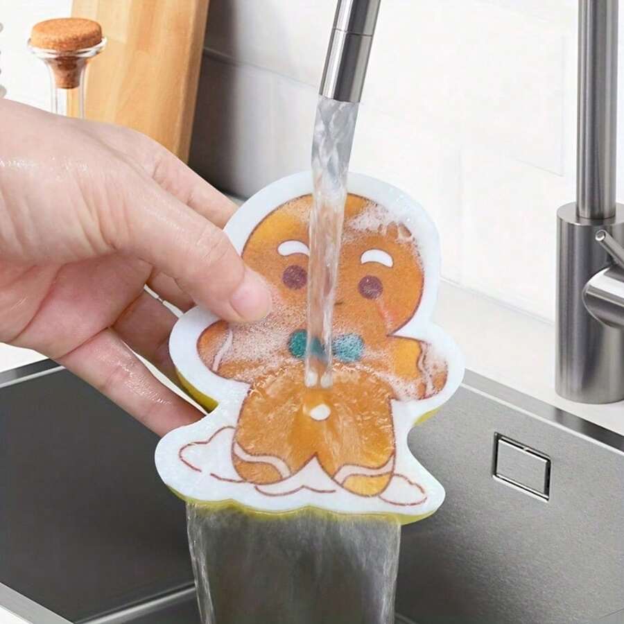 Christmas Holiday Cleaning Sponge Scrubber, Suitable For Kitchen, Restaurant, Hotel Bathroom, Hygienic Cleaning, Dish Cloth, Durable, Welcome The Warm Christmas - 5 Gingerbread Men - View 1