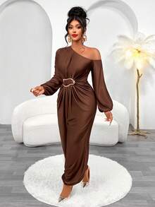 Women's Solid Color One-Shoulder Metal Decor Casual Daily Jumpsuit - Coffee Brown - View 5