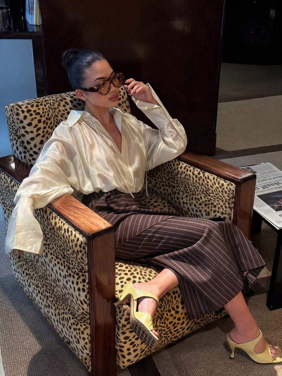 Fashion Loose Slightly Sheer Turn Collar Solid Color Versatile Long Sleeve Women Blouse - White - View 1