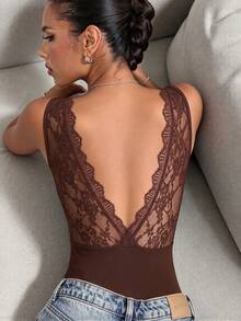 Sexy Fashionable Backless Lace Criss-Cross Design Women's Bodysuit, New Arrival Spring/Summer - Burgundy - View 5