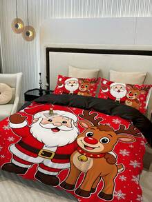 3PCS Santa Claus And Reindeer Pattern Duvet Cover Set (1 Duvet Cover + 2 Pillowcases (Random Pattern), Duvet/Pillow Inserts Not Included), Soft Polyester Fiber All-Season Washable Bedding Set, Available Sizes: King, Queen, Full, Twin. Suitable For Bedroom, Guest Room, School Dorm, All-Season, Christmas Gift For Parents And Friends - Multicolor - View 3