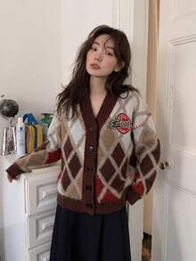 Women's Autumn/Winter V-Neck Diamond Check Single-Breasted Casual Cardigan Jacket - Brown - View 6