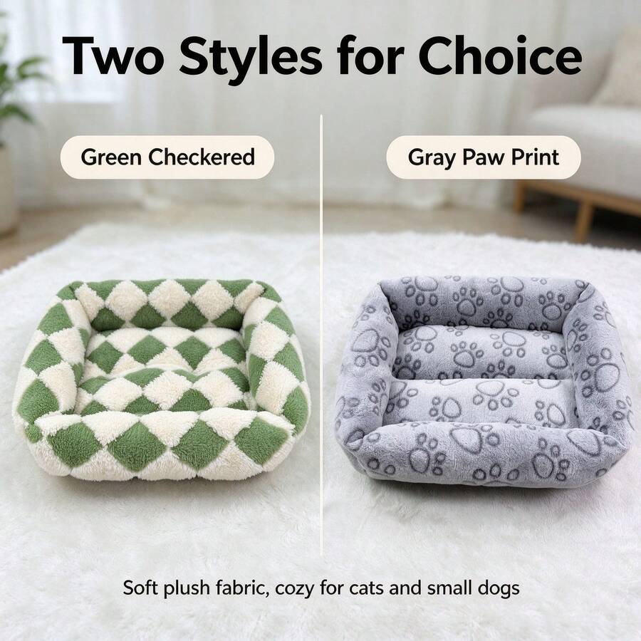 1pc All-Season Comfortable Plush Square Pet Bed, Green Diamond/Grey Paw Print 2 Styles, Thickened Frame Design, Non-Slip Bottom, Suitable For Small Dogs And Cats Warm Sleeping Nest - Multicolor - View 1