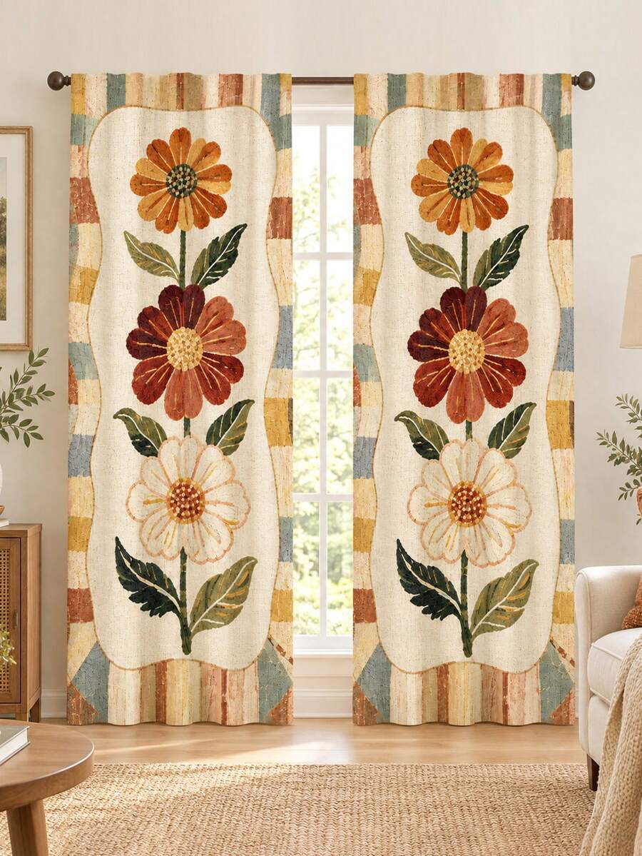 2pcs Vintage Bohemian Sunflower Pattern Printed Curtains, Single-Sided Print, Semi-Sheer - Rod Pocket Curtains, Bedroom Living Room Kitchen Decor, Multiple Sizes Available, Privacy Protection, Machine Washable, Fade-Resistant Curtains (Rod Not Included) - A - View 1