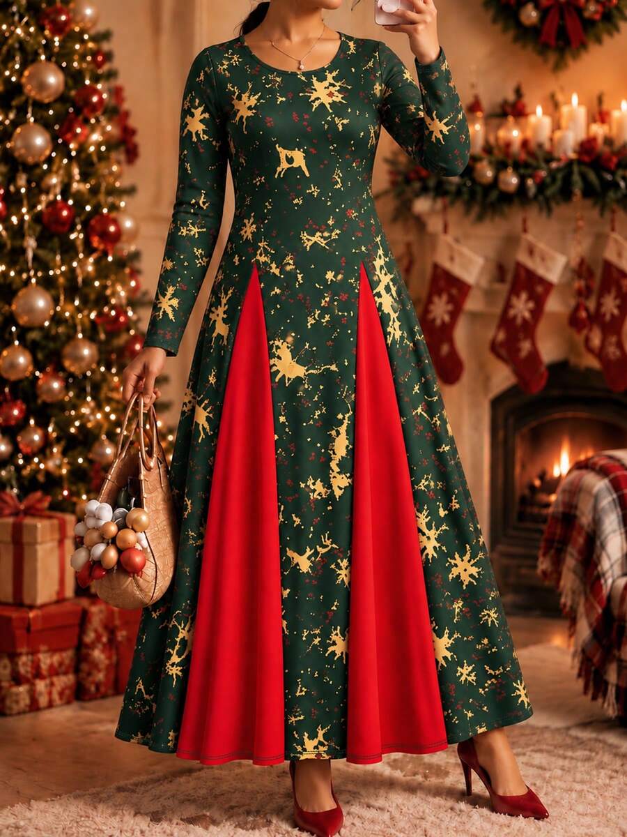 Autumn/Winter New Christmas Multi-Color Printed Knit Fabric Casual Fashion Elegant Commute Daily Holiday Plus Size Dress - Multicolor - View 1