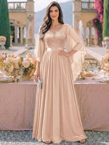 MIUSOL Deep V-Neck Sequin Patchwork Floral Lace Chiffon Formal Party Maxi Dress, Elegant Women's Party Gown Spring - Champagne - View 2