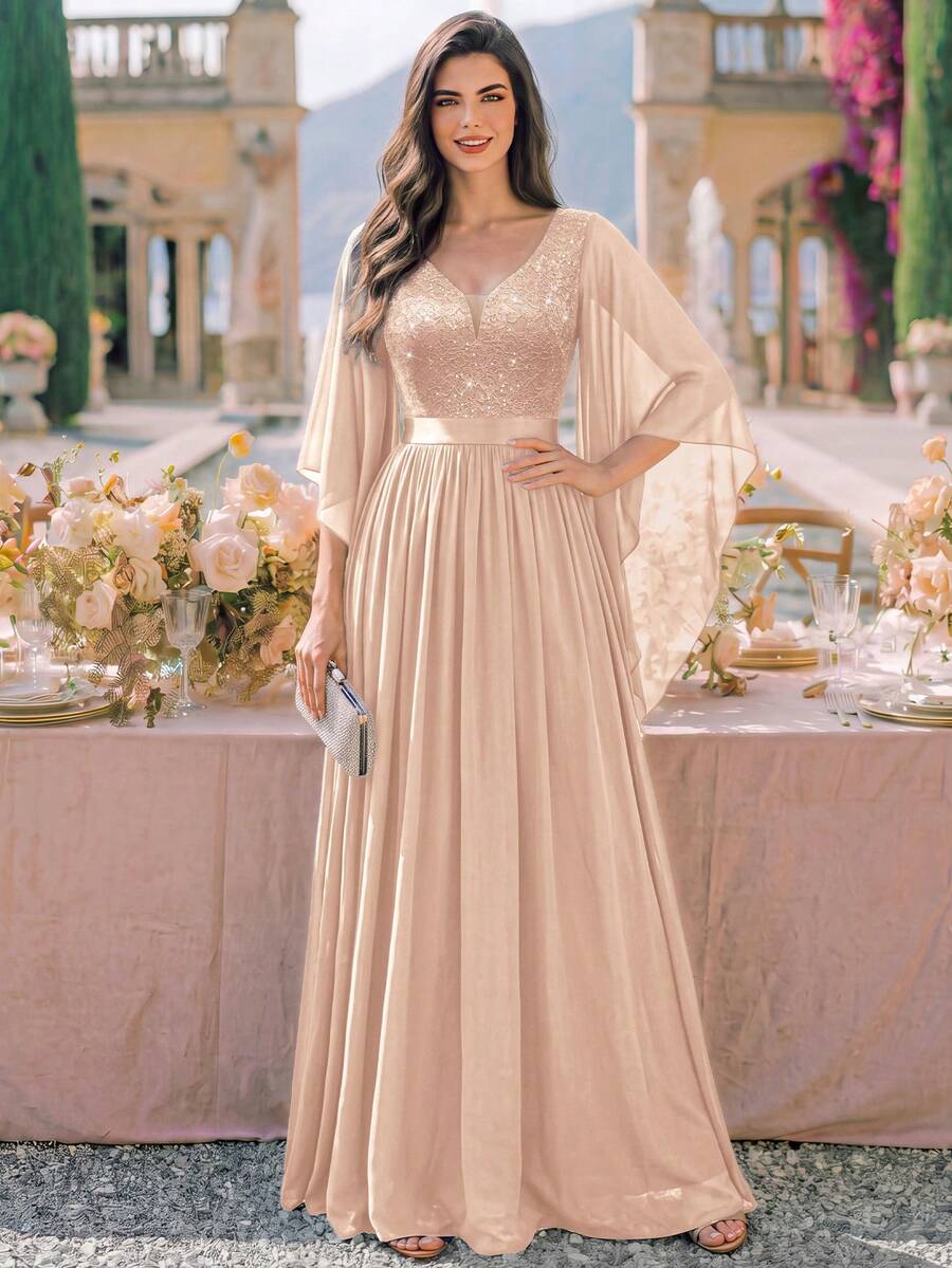 MIUSOL Deep V-Neck Sequin Patchwork Floral Lace Chiffon Formal Party Maxi Dress, Elegant Women's Party Gown Spring