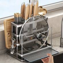 1pc Multifunctional Knife Holder, Kitchen Countertop Knife Pot Lid Cutting Board Integrated Storage Rack, With Drainage Tray Utensil Knife Spatula Organizer, Wall-Mounted No-Drill Kitchen Knife Stand - Multicolor - View 4