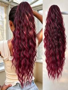 HEYPINK Claw-Shaped Ponytail Wig, Gradient Red, 28-Inch Water Wave Heat-Resistant Synthetic Fiber Ponytail Wig, Suitable For Women's Christmas, Halloween, Music Festival Parties And Daily Wear - Red Ombre - View 2