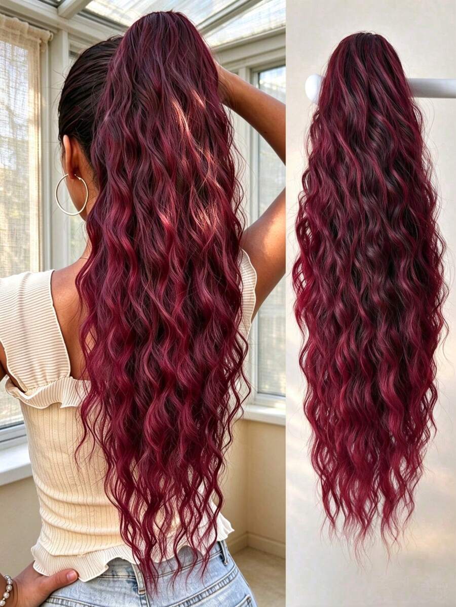 HEYPINK Claw-Shaped Ponytail Wig, Gradient Red, 28-Inch Water Wave Heat-Resistant Synthetic Fiber Ponytail Wig, Suitable For Women's Christmas, Halloween, Music Festival Parties And Daily Wear