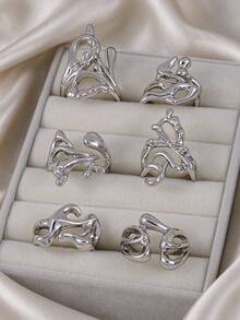 6pcs Vintage Punk Asymmetrical Water Drop Shaped Ring Set, Stackable And Mixable, Suitable For Women's Date, Party, Gathering - Silver - View 5