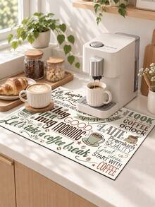1PC Beige Brown Green Coffee Slogan Letter Collage Print Diatomaceous Earth Kitchen Drain Mat, Vintage Absorbent Dish Drying Mat, Coffee Bar Mat, Coffee Machine Mat, Kitchen Decor, Suitable For Coffee Bar Decoration, Kitchen Countertop, Coffee Corner, Drain Tray, Pet Food Mat, Heat Insulation Mat - Multicolor - View 1