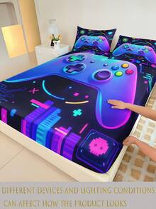 1PC Neon Game Console Print Fitted Sheet (Fitted Sheet Only, No Pillowcase), Soft Bedroom Bedding, Suitable For Bedroom, Guest Room, School Dormitory, Easy To Remove And Machine Washable, All-Season Mattress Protector - Multicolor - View 5